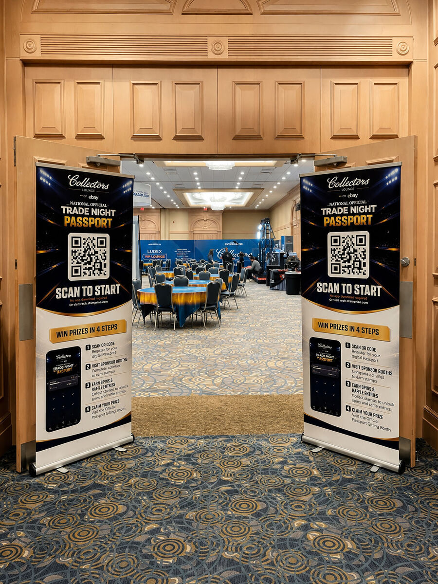 Trade Night Passport banners at the entrance of the Collectors Lounge